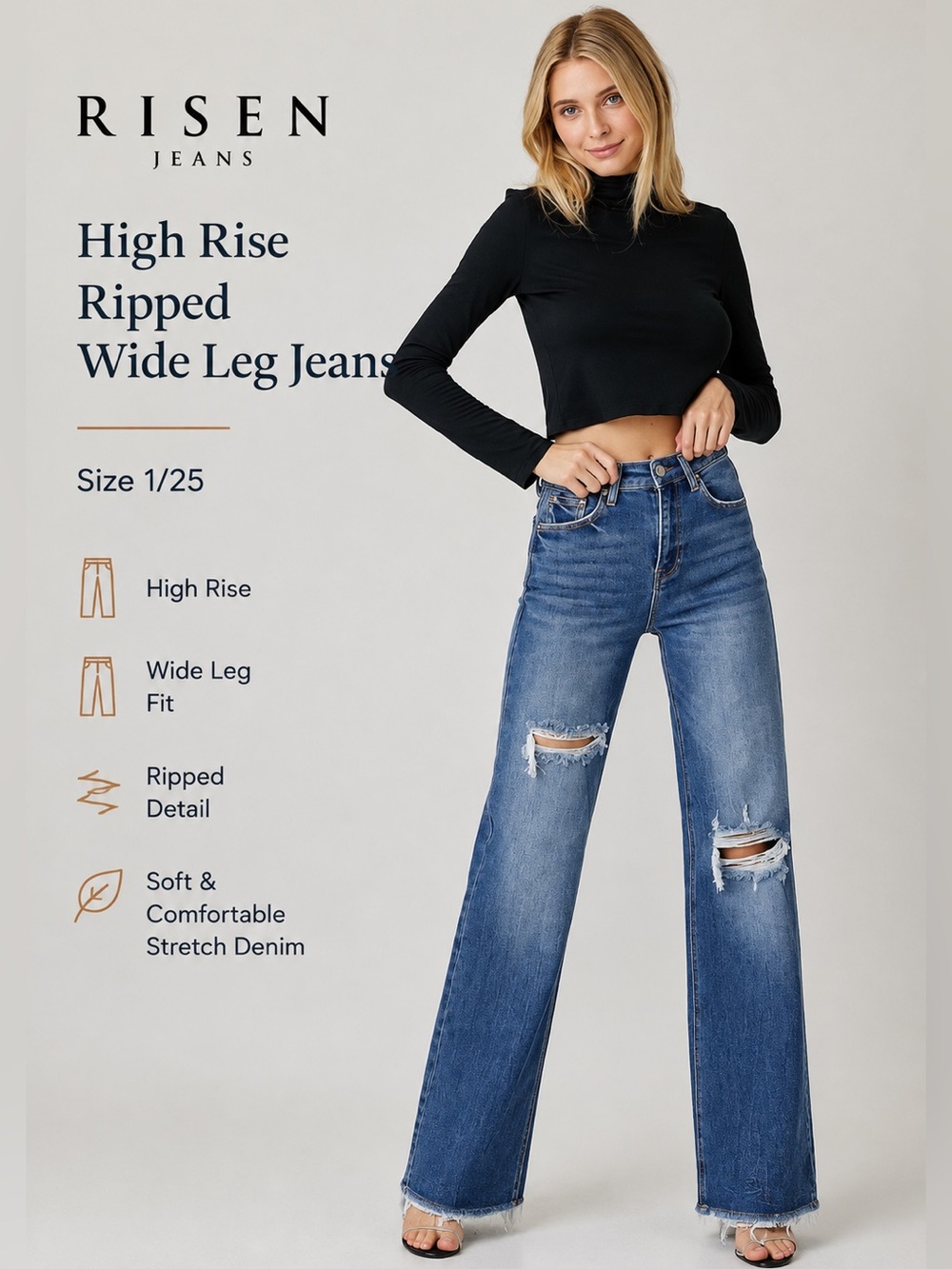 Risen Jeans High Rise Ripped Wide Leg Jeans Distressed Raw Hem Size 1/25